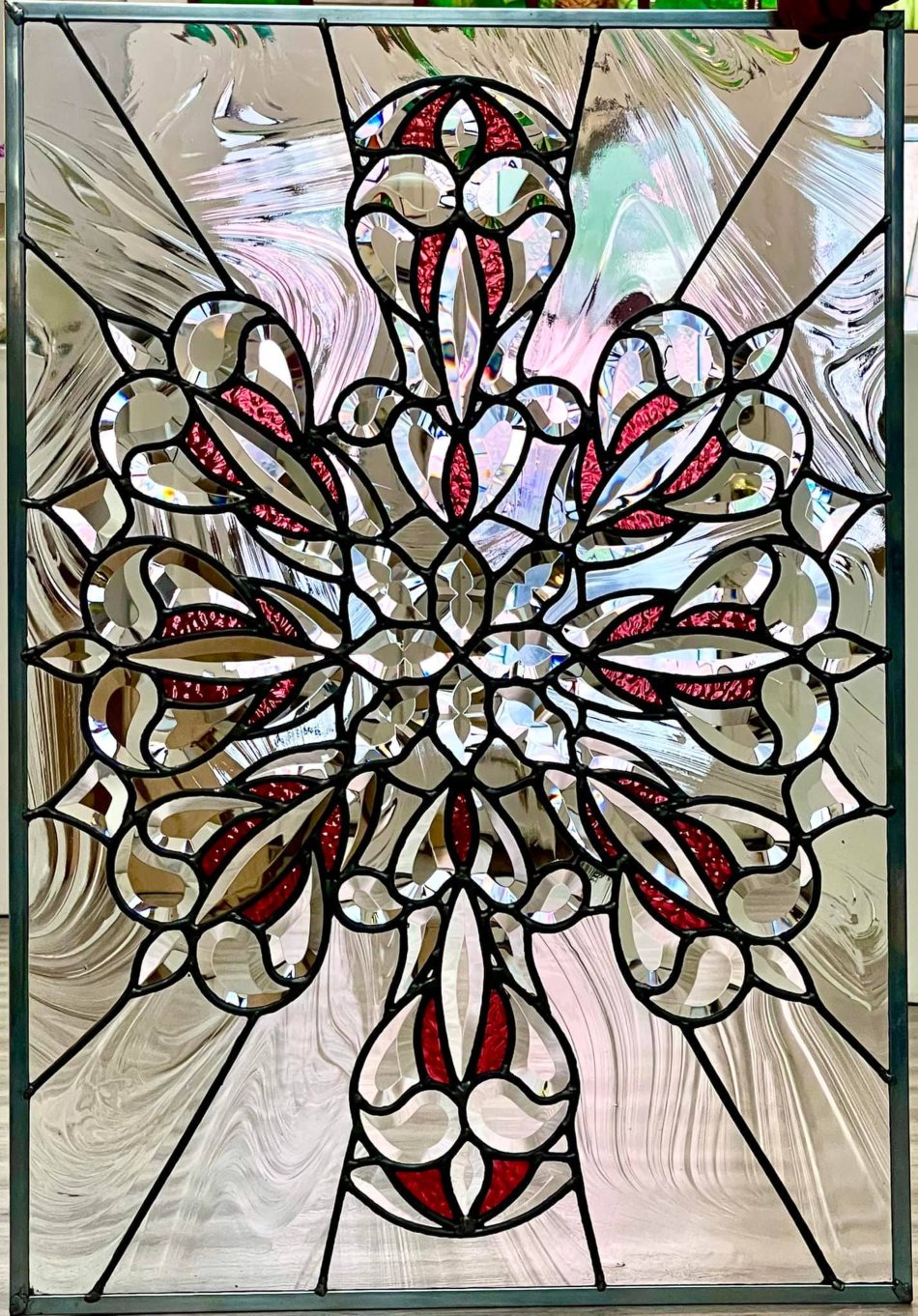 Cranberry mandala beveled stained glass