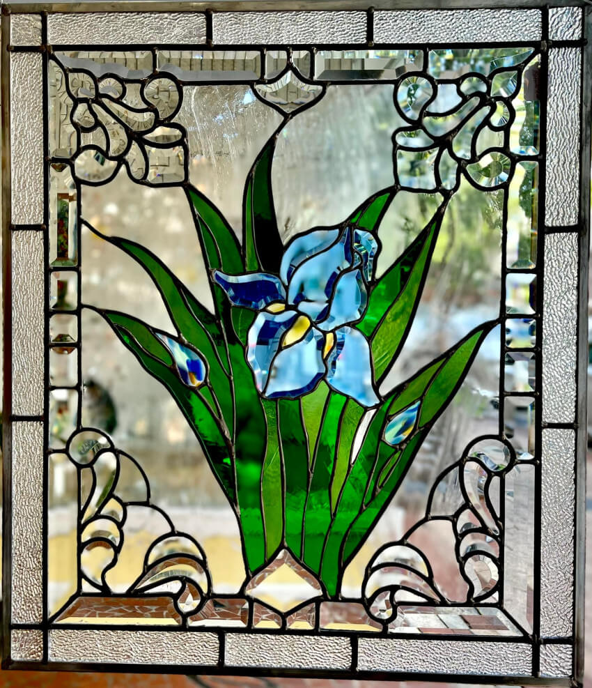 Blue iris beveled stained glass