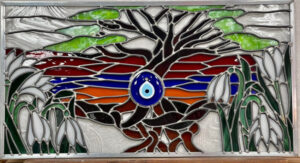 Snowdrop flowers, Kalala tree of life and the Evil Eye stained glass