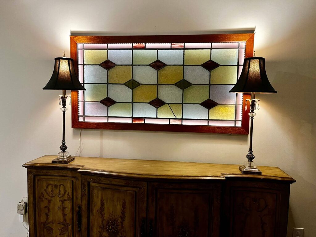 1901 Brooklyn Catholic Church Stained Glass framed and hung over desk