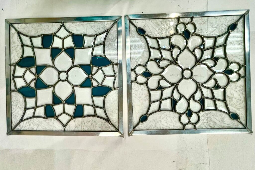 Two square stained glass Rosetta windows